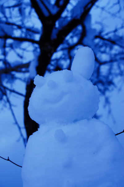 諏訪湖サービス・エリア上り線で車を留めると、かわいい雪だるまを子供たちが作っていました。手馴れた様子で上手に作っていきます。その雪だるまを下から見上げたアングルでホワイトバランスをずらして撮り、寒さを表現してみました。