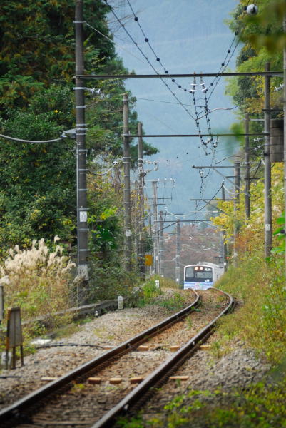青梅から先の青梅線はまさに山の中を進む列車。ゆっくりと山並みに沿って進みます。風はすっかり冷たくなり山間の秋は深まります。